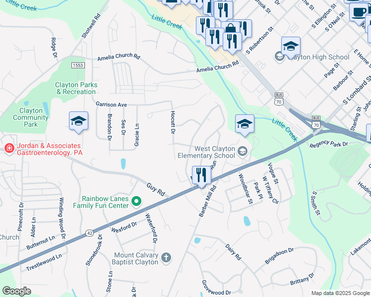 map of restaurants, bars, coffee shops, grocery stores, and more near 208 Timothy Ridge in Clayton