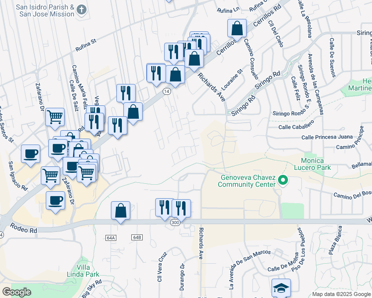 map of restaurants, bars, coffee shops, grocery stores, and more near 1522 Avenida de Las Americas in Santa Fe