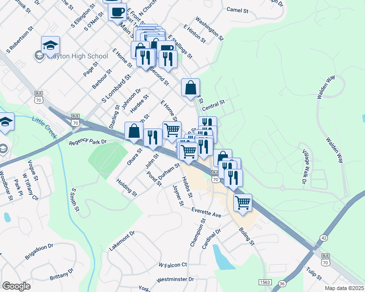 map of restaurants, bars, coffee shops, grocery stores, and more near 211 Compton Street in Clayton