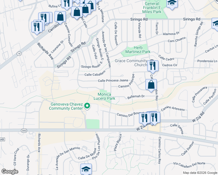 map of restaurants, bars, coffee shops, grocery stores, and more near 2944 Calle Princesa Juana in Santa Fe