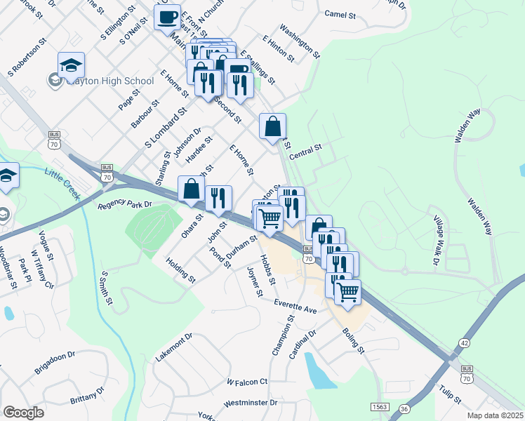 map of restaurants, bars, coffee shops, grocery stores, and more near 211 Compton Street in Clayton