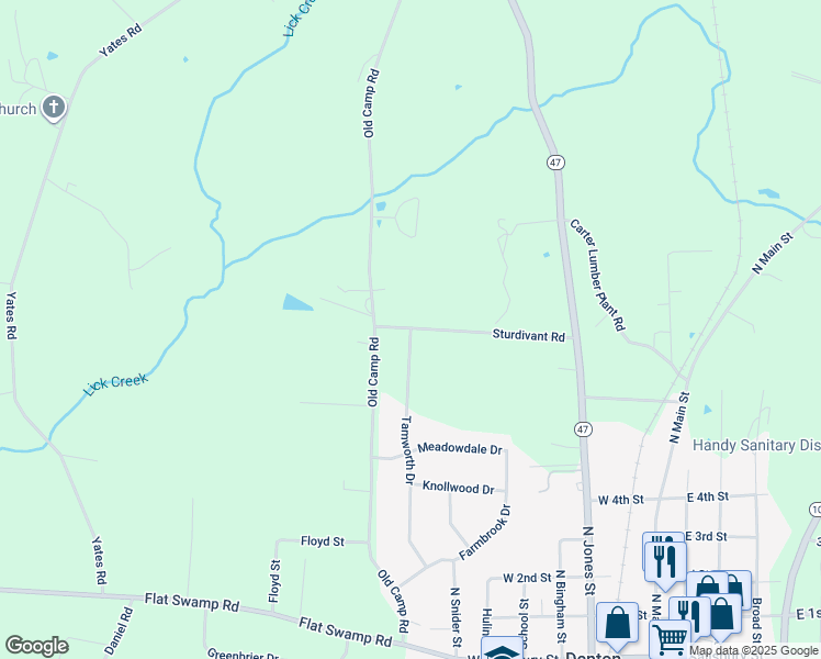 map of restaurants, bars, coffee shops, grocery stores, and more near 425 Tamworth Drive in Denton