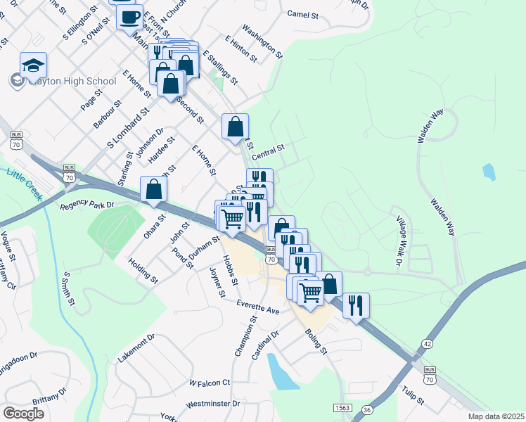 map of restaurants, bars, coffee shops, grocery stores, and more near 902 East Main Street in Clayton