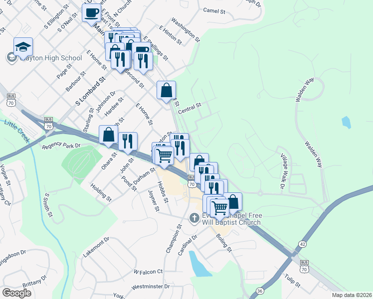 map of restaurants, bars, coffee shops, grocery stores, and more near 902 East Main Street in Clayton