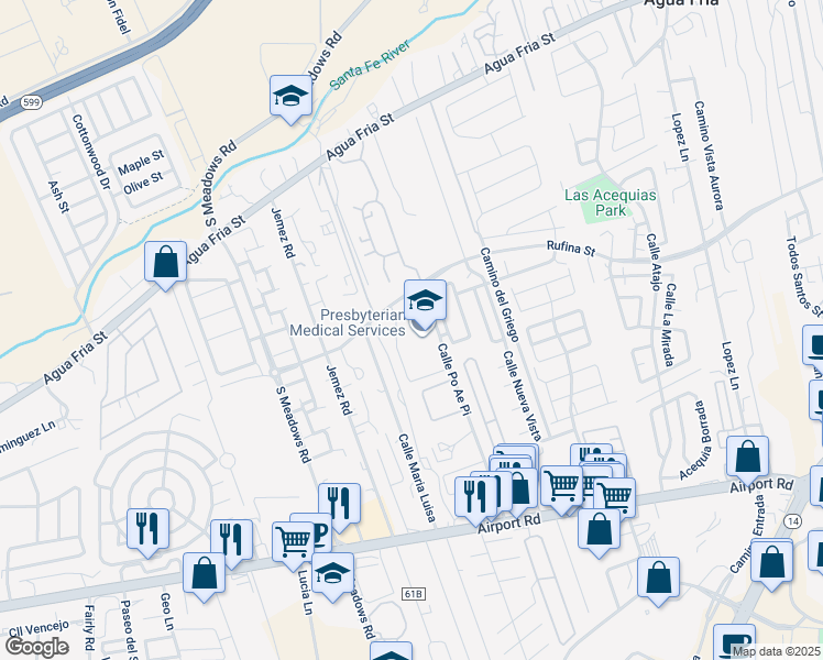 map of restaurants, bars, coffee shops, grocery stores, and more near 3200 Calle Po Ae Pi in Santa Fe