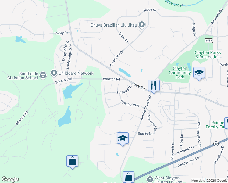 map of restaurants, bars, coffee shops, grocery stores, and more near 1008 Dewberry Court in Clayton
