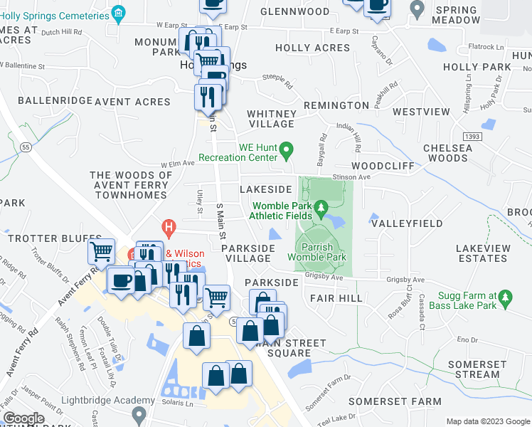 map of restaurants, bars, coffee shops, grocery stores, and more near 304 East Maple Avenue in Holly Springs