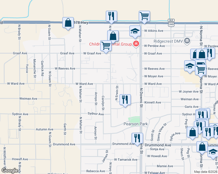 map of restaurants, bars, coffee shops, grocery stores, and more near 1126 West Ward Avenue in Ridgecrest