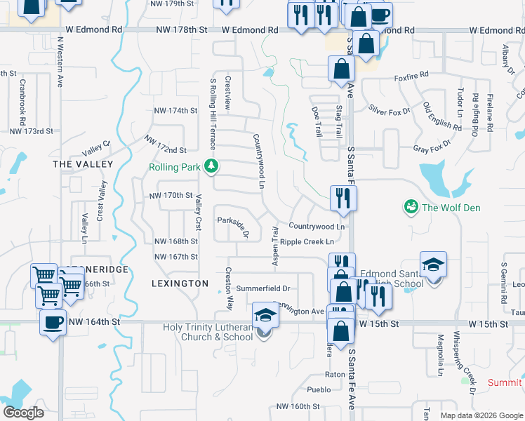 map of restaurants, bars, coffee shops, grocery stores, and more near 2700 Appaloosa Trail in Edmond