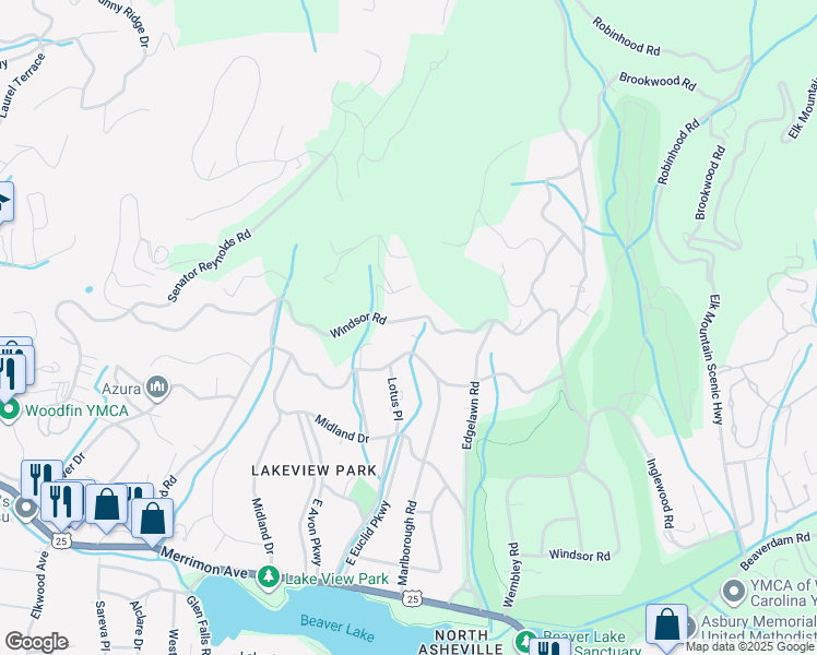 map of restaurants, bars, coffee shops, grocery stores, and more near 480 Windsor Road in Asheville