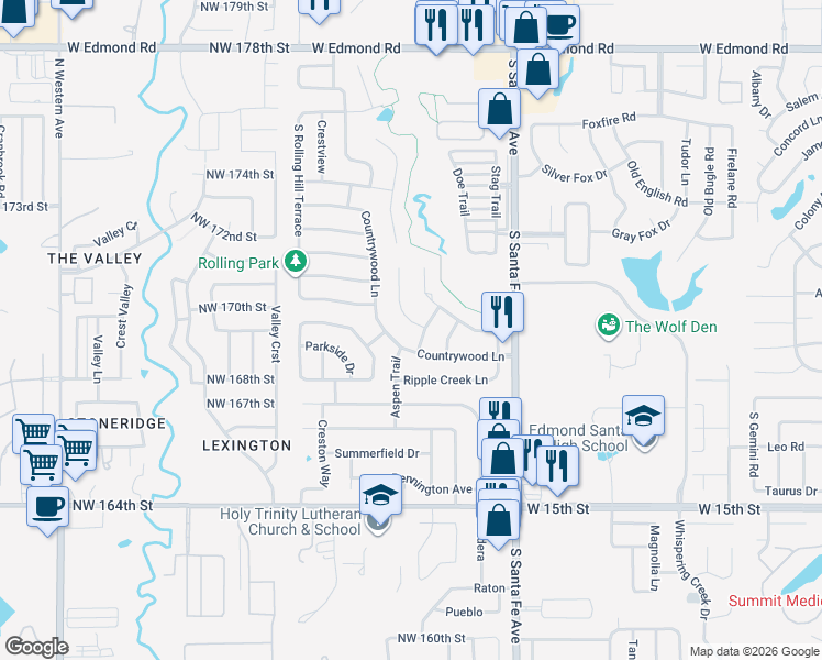 map of restaurants, bars, coffee shops, grocery stores, and more near 1117 South Hunters Glen Circle in Edmond