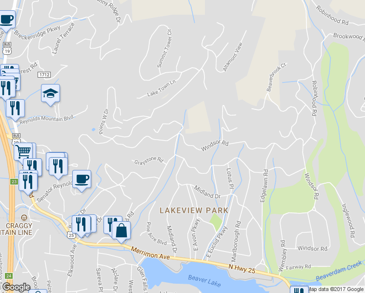 map of restaurants, bars, coffee shops, grocery stores, and more near 626 Windsor Road in Asheville