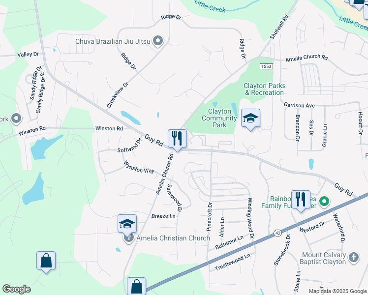 map of restaurants, bars, coffee shops, grocery stores, and more near 786 Guy Road in Clayton