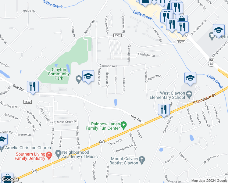 map of restaurants, bars, coffee shops, grocery stores, and more near 200 Gracie Lane in Clayton