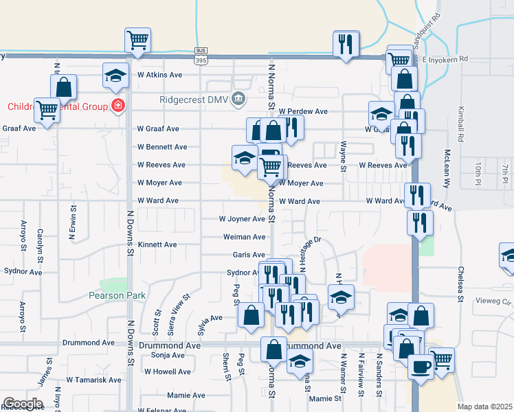 map of restaurants, bars, coffee shops, grocery stores, and more near 1301 North Norma Street in Ridgecrest