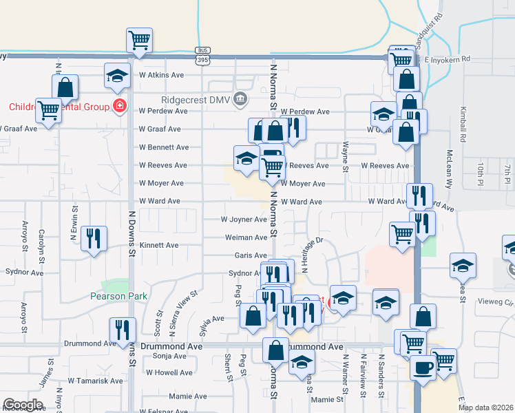 map of restaurants, bars, coffee shops, grocery stores, and more near 1301 North Norma Street in Ridgecrest