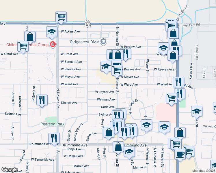map of restaurants, bars, coffee shops, grocery stores, and more near 1301 North Norma Street in Ridgecrest
