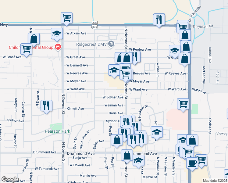 map of restaurants, bars, coffee shops, grocery stores, and more near 545 West Ward Avenue in Ridgecrest