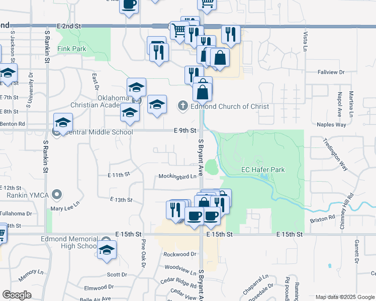 map of restaurants, bars, coffee shops, grocery stores, and more near 919 South Bryant Avenue in Edmond