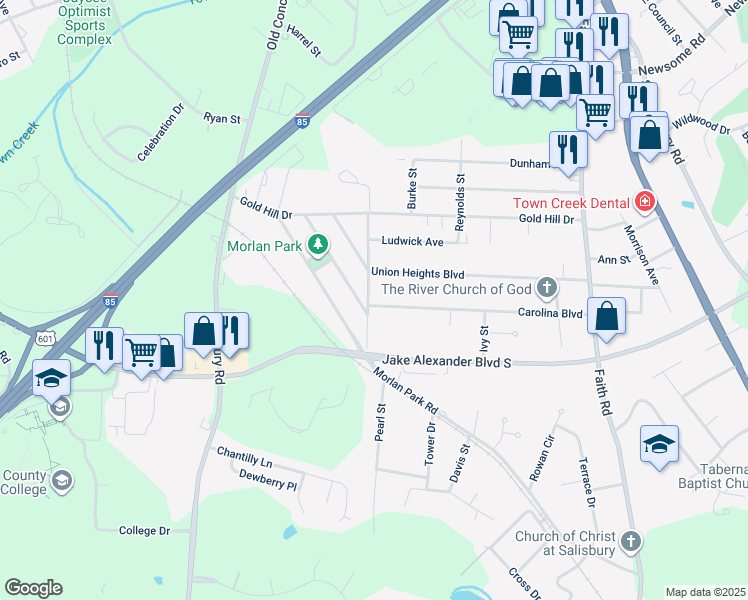 map of restaurants, bars, coffee shops, grocery stores, and more near 726 Crown Point Drive in Salisbury