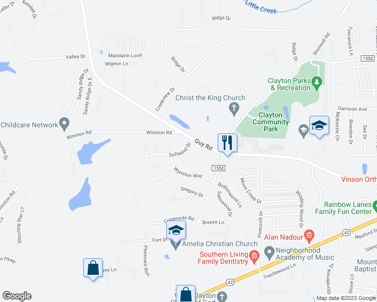 map of restaurants, bars, coffee shops, grocery stores, and more near 3009 Softwind Drive in Clayton