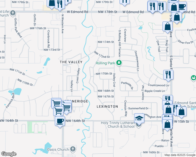 map of restaurants, bars, coffee shops, grocery stores, and more near 17004 Rose Hollow Drive in Edmond