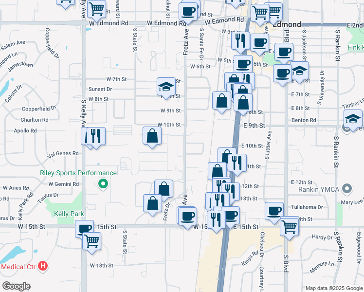 map of restaurants, bars, coffee shops, grocery stores, and more near 1012 Mollie Rausch Lane in Edmond
