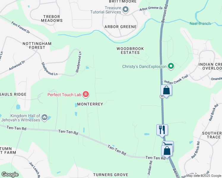 map of restaurants, bars, coffee shops, grocery stores, and more near 9501 Neils Branch Road in Raleigh