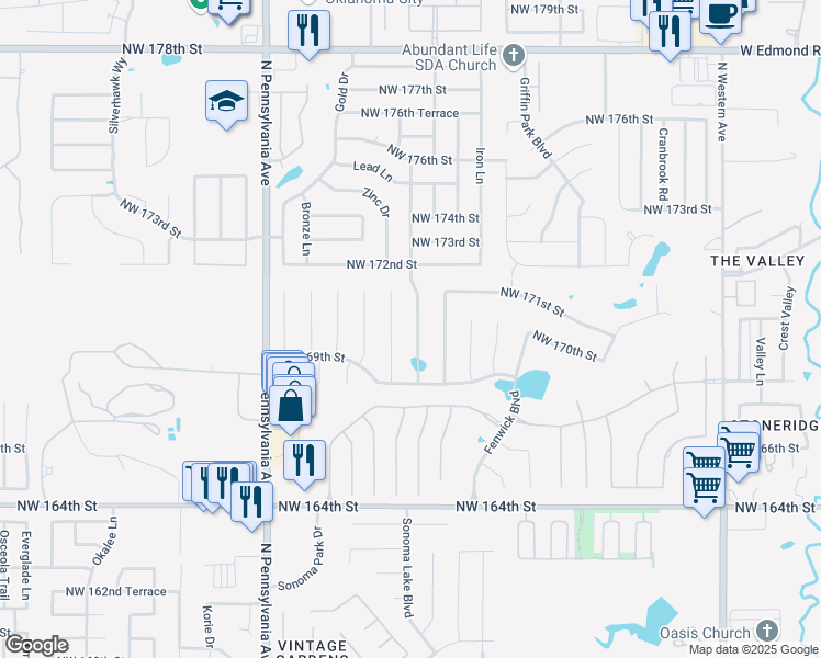 map of restaurants, bars, coffee shops, grocery stores, and more near 17029 Platinum Lane in Edmond