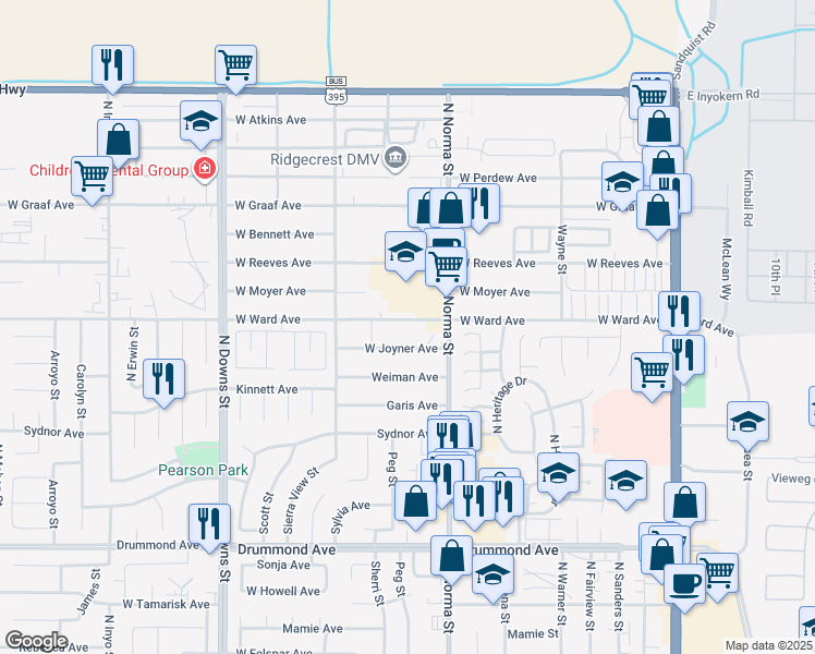 map of restaurants, bars, coffee shops, grocery stores, and more near 533 West Ward Avenue in Ridgecrest