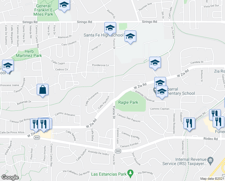 map of restaurants, bars, coffee shops, grocery stores, and more near 2601 Calle Primavera in Santa Fe