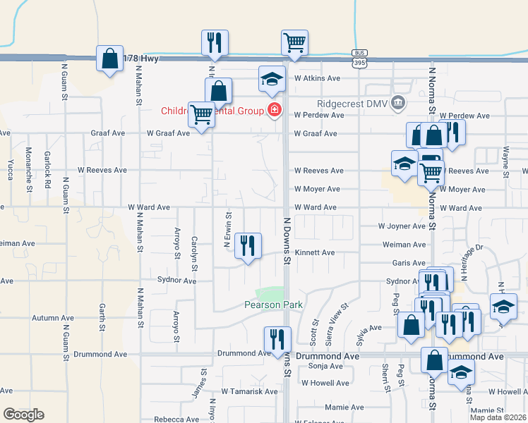map of restaurants, bars, coffee shops, grocery stores, and more near 1253 North Las Posas Court in Ridgecrest