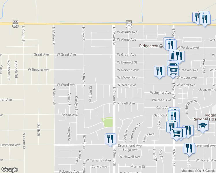 map of restaurants, bars, coffee shops, grocery stores, and more near 1253 North Las Posas Court in Ridgecrest