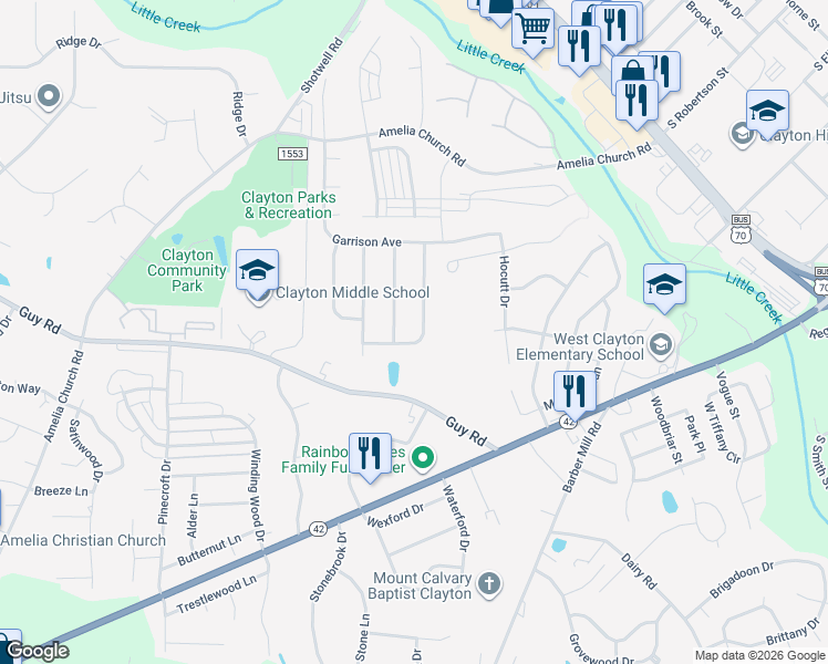 map of restaurants, bars, coffee shops, grocery stores, and more near 126 Gracie Lane in Clayton