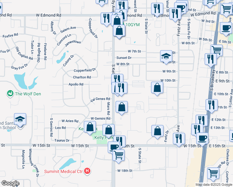 map of restaurants, bars, coffee shops, grocery stores, and more near 900 S Kelly Ave in Edmond