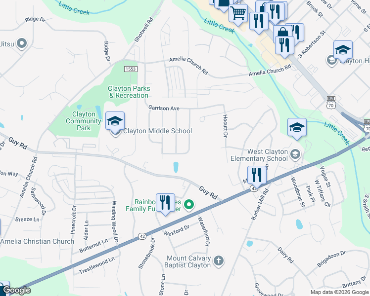map of restaurants, bars, coffee shops, grocery stores, and more near 126 Gracie Lane in Clayton
