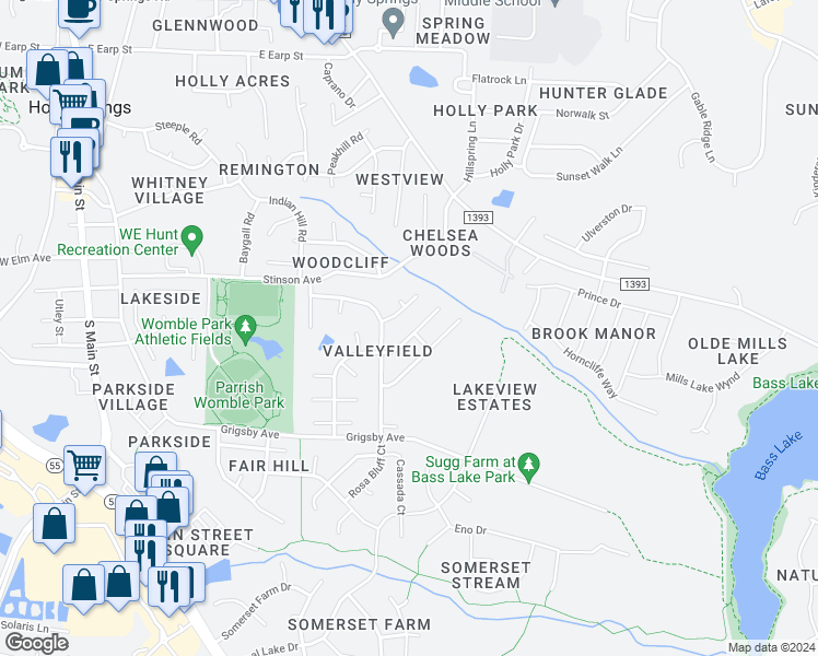 map of restaurants, bars, coffee shops, grocery stores, and more near 701 Morton Farm Road in Holly Springs