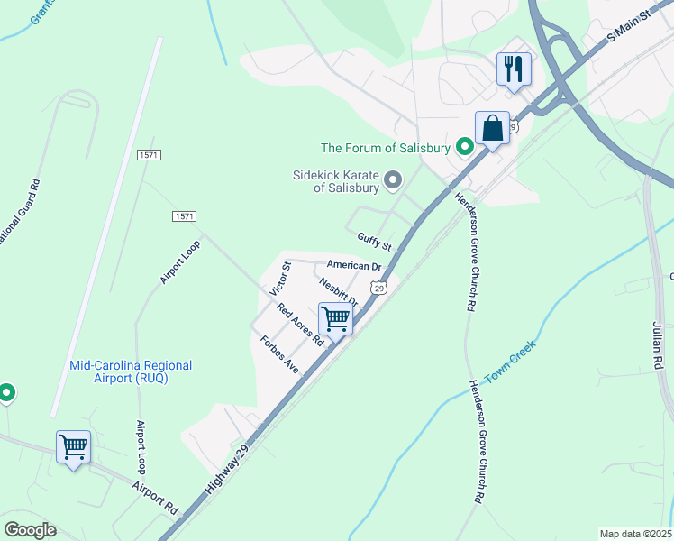 map of restaurants, bars, coffee shops, grocery stores, and more near 225 American Drive in Salisbury