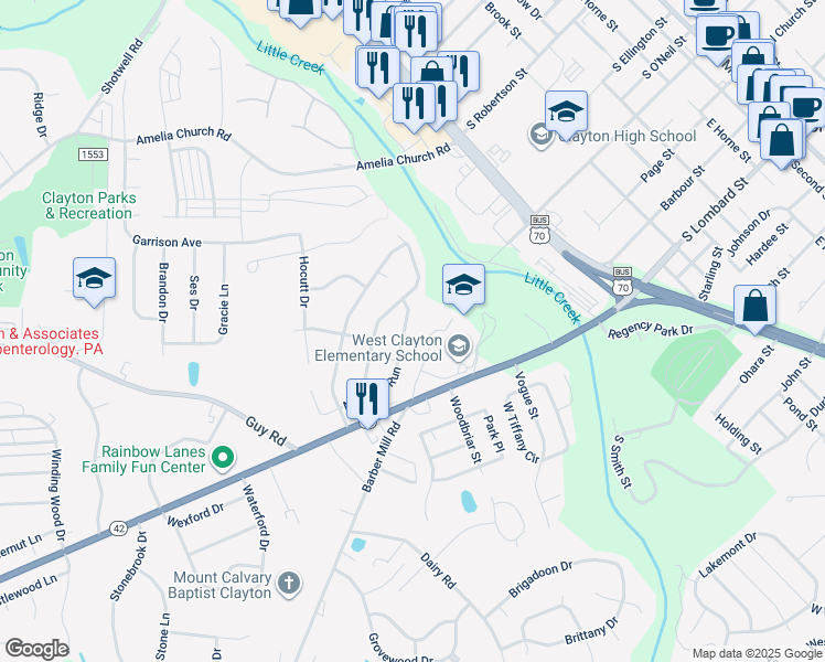map of restaurants, bars, coffee shops, grocery stores, and more near 116 Meadow Run in Clayton