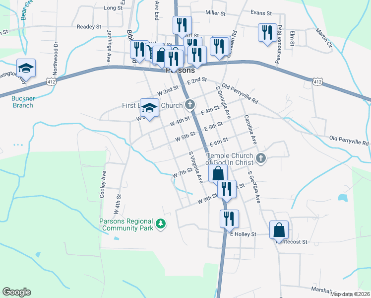 map of restaurants, bars, coffee shops, grocery stores, and more near 270 South Virginia Avenue in Parsons