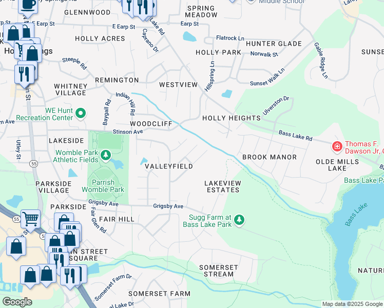 map of restaurants, bars, coffee shops, grocery stores, and more near 704 Morton Farm Road in Holly Springs