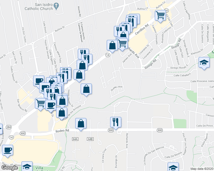 map of restaurants, bars, coffee shops, grocery stores, and more near 1578 Avenida de Las Americas in Santa Fe