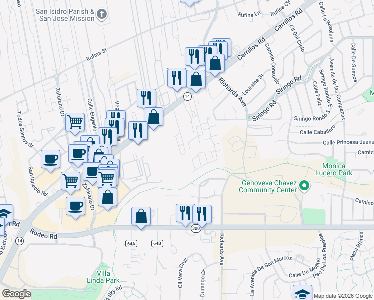 map of restaurants, bars, coffee shops, grocery stores, and more near 1568 Avenida de Las Americas in Santa Fe