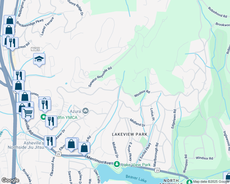 map of restaurants, bars, coffee shops, grocery stores, and more near 626 Windsor Road in Asheville