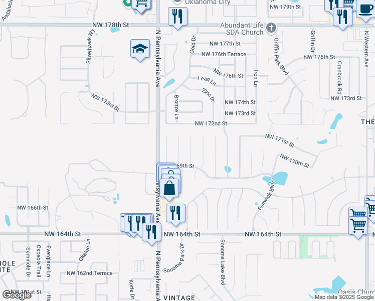 map of restaurants, bars, coffee shops, grocery stores, and more near 17101 Gladstone Lane in Edmond