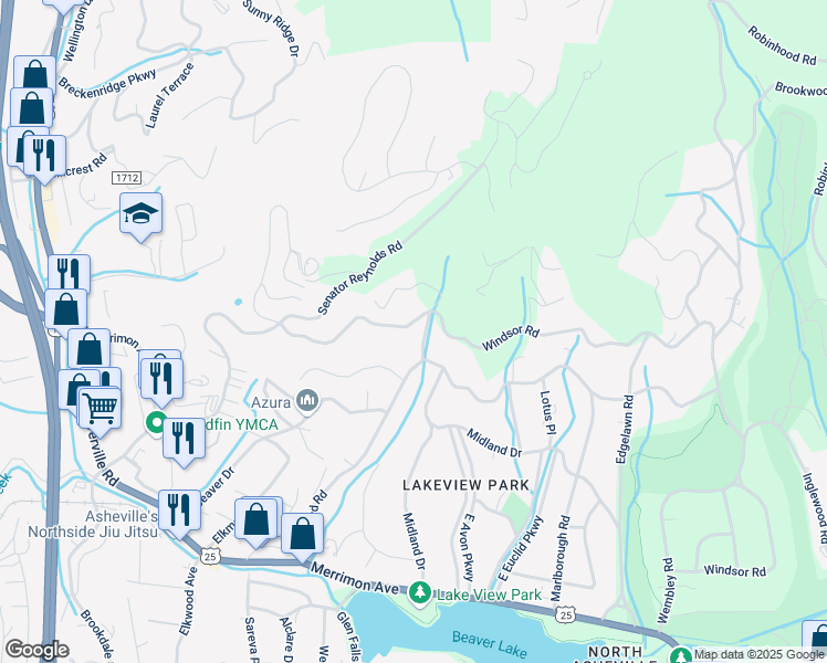 map of restaurants, bars, coffee shops, grocery stores, and more near 626 Windsor Road in Asheville