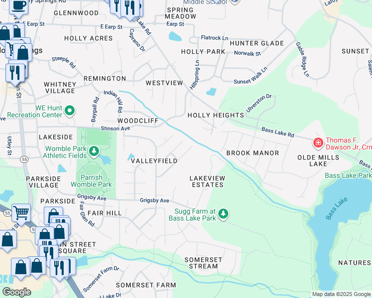 map of restaurants, bars, coffee shops, grocery stores, and more near 213 Crossfire Road in Holly Springs