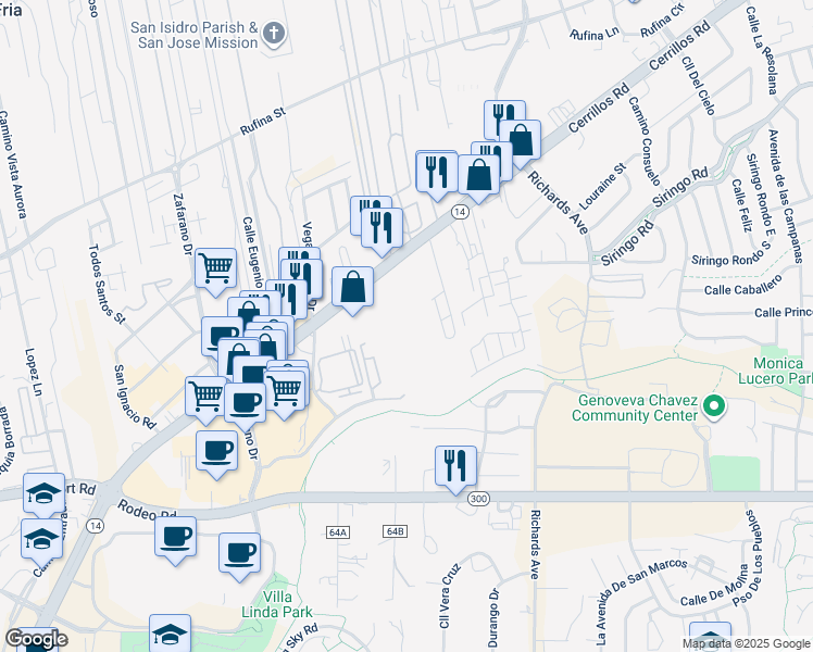 map of restaurants, bars, coffee shops, grocery stores, and more near 3574 Cerrillos Road in Santa Fe