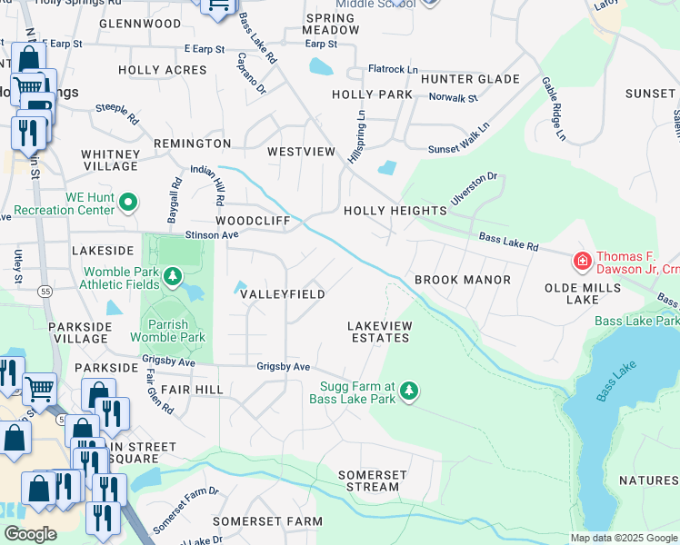 map of restaurants, bars, coffee shops, grocery stores, and more near 213 Crossfire Road in Holly Springs