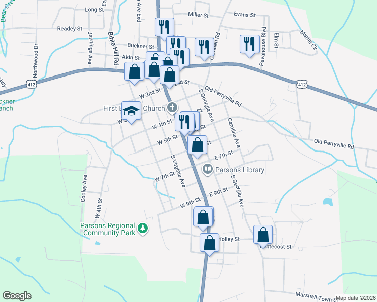 map of restaurants, bars, coffee shops, grocery stores, and more near 54 E 6th St in Parsons